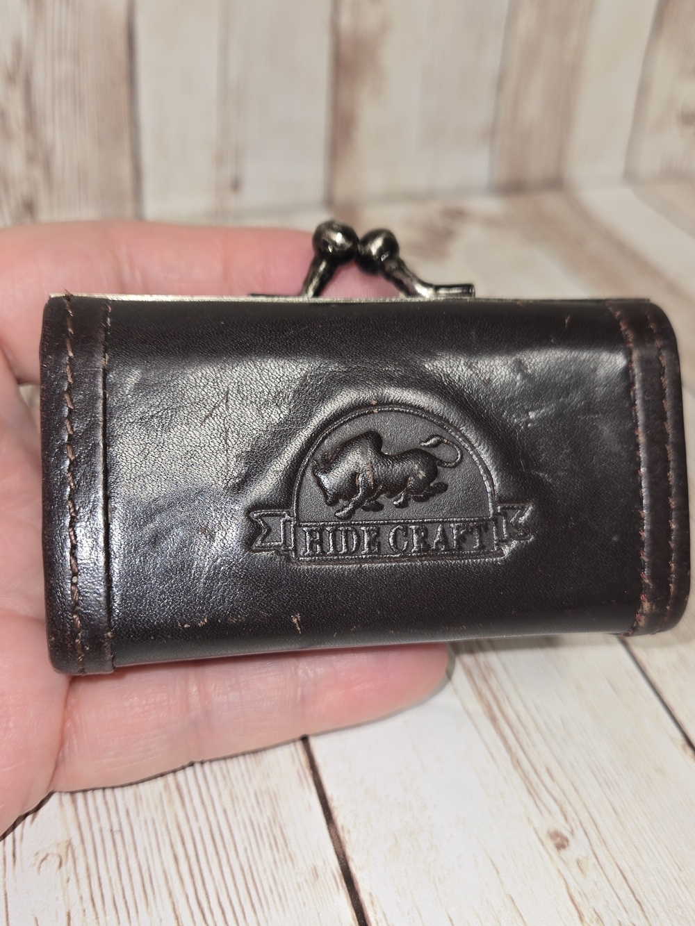 Vintage Hide Craft Leather Key Case Coin Purse Kiss Lock Brown